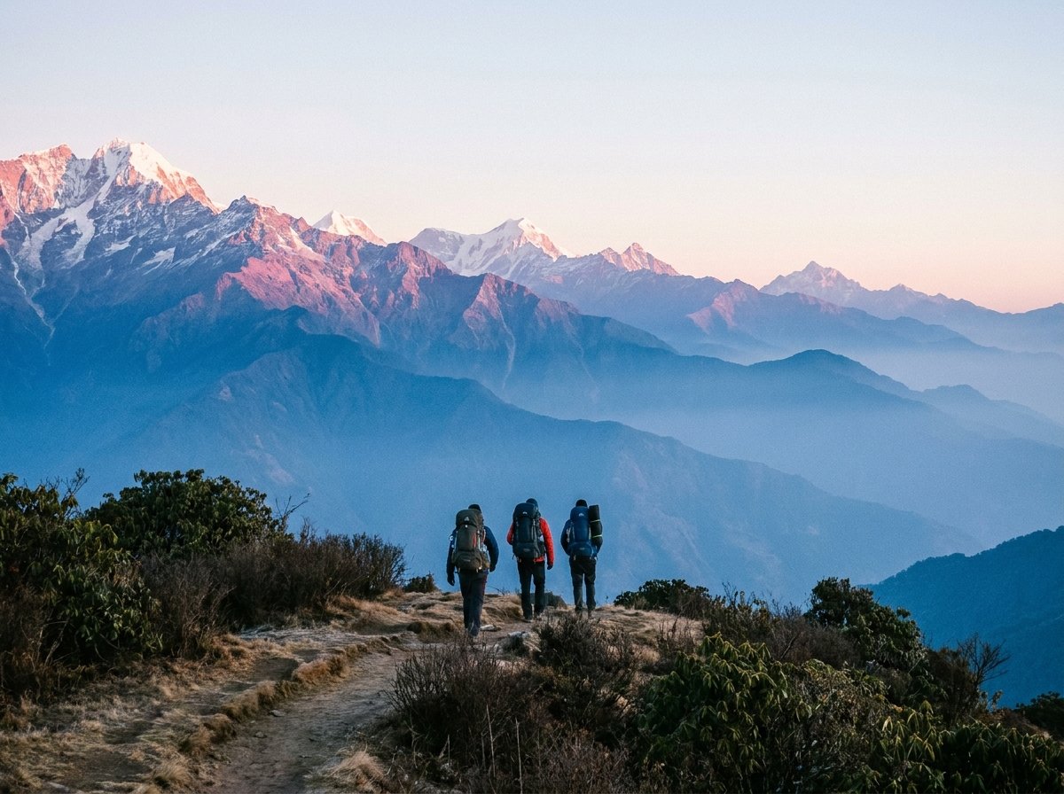 Trekkers with rucksacks walking a high ridge at first light