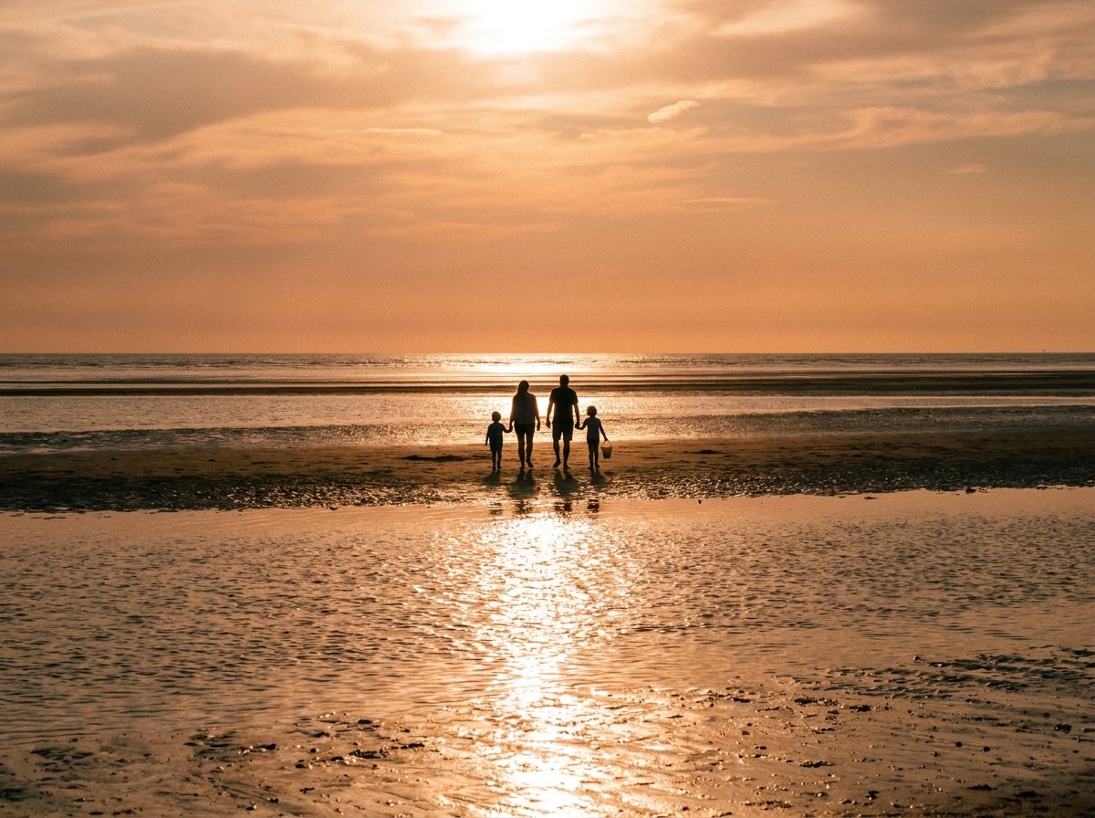 A family of four walking along a beach at low tide
