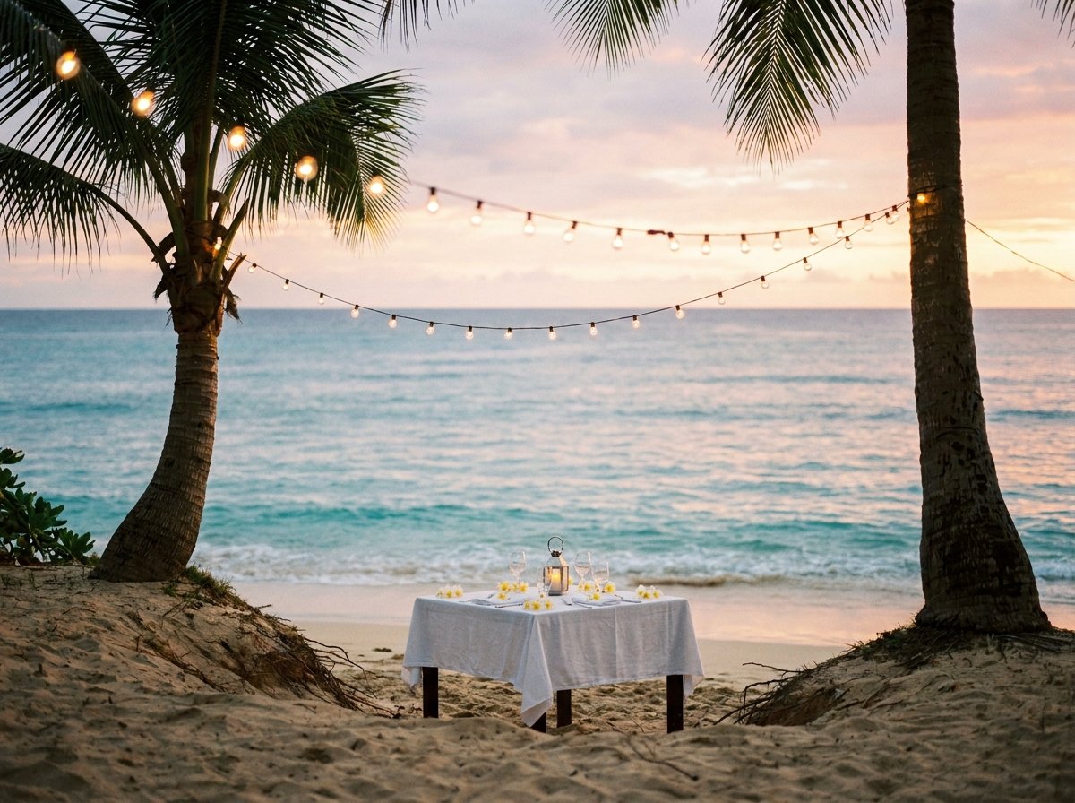 A candlelit table for two on an empty beach at dusk