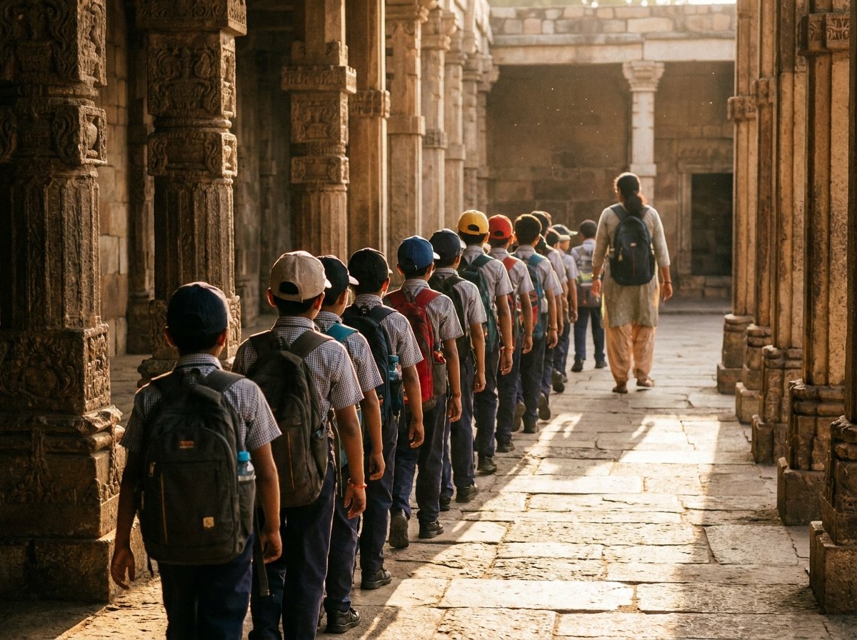 School students with backpacks walking along a stone path