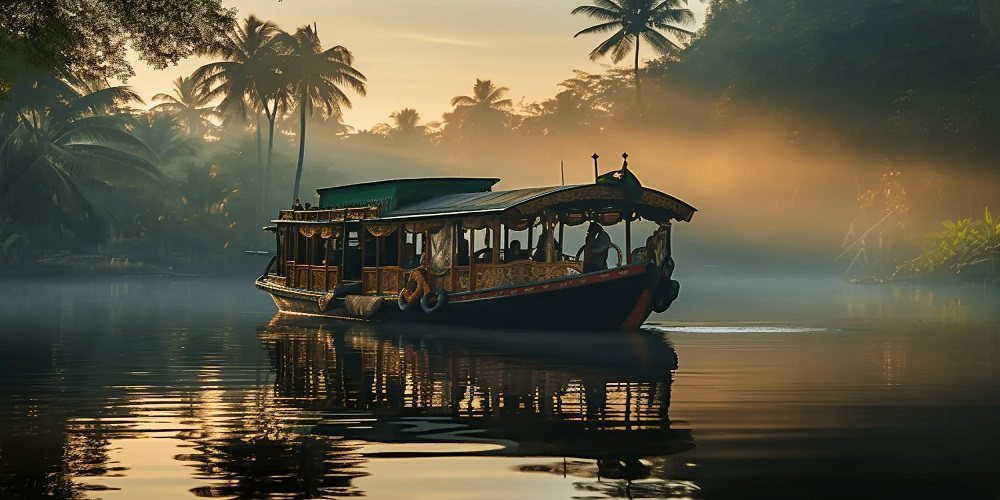 Kerala — a houseboat on a backwater channel at dawn