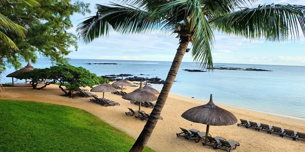 Mauritius — a beach with palms and loungers under thatch