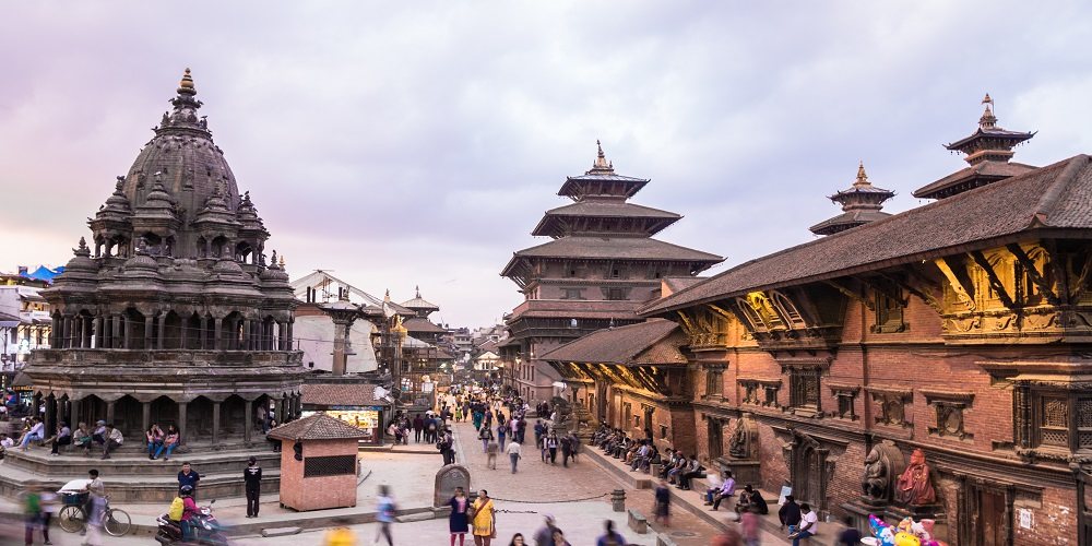 Nepal — a pagoda temple square with crowds below