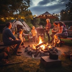 A family around a campfire outside tents at dusk